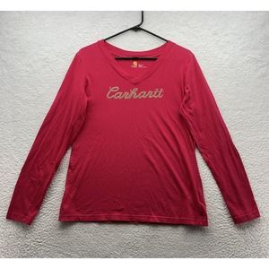 Carhartt T-Shirt Womens Medium M Red Pink Cursive Studded Logo Outdoor‎ Casual